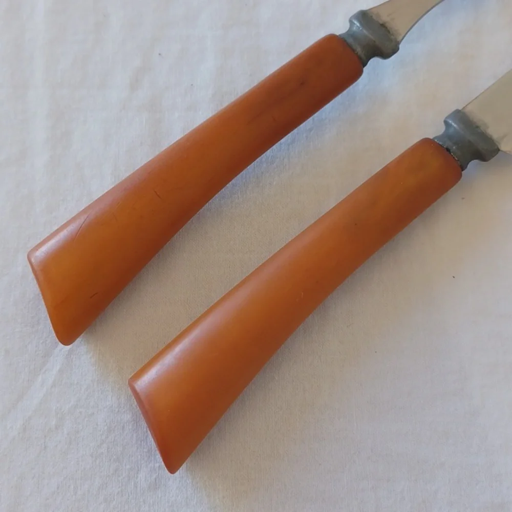 2 PIECE SET Vintage Carving Knife & Fork Set Butterscotch Bakelite Handles